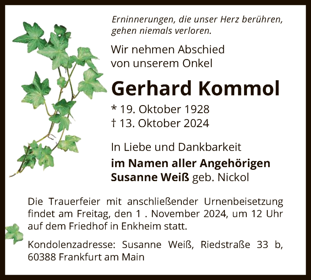  Traueranzeige für Gerhard Kommol vom 26.10.2024 aus OF