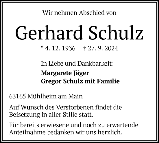 Traueranzeige von Gerhard Schulz von OF