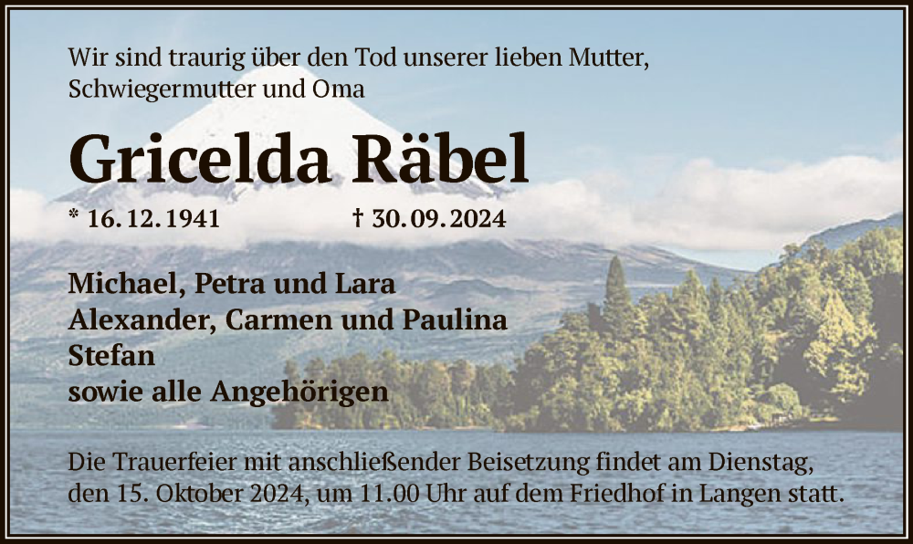 Traueranzeige für Gricelda Räbel vom 12.10.2024 aus OF