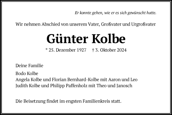 Traueranzeige von Günter Kolbe von OF