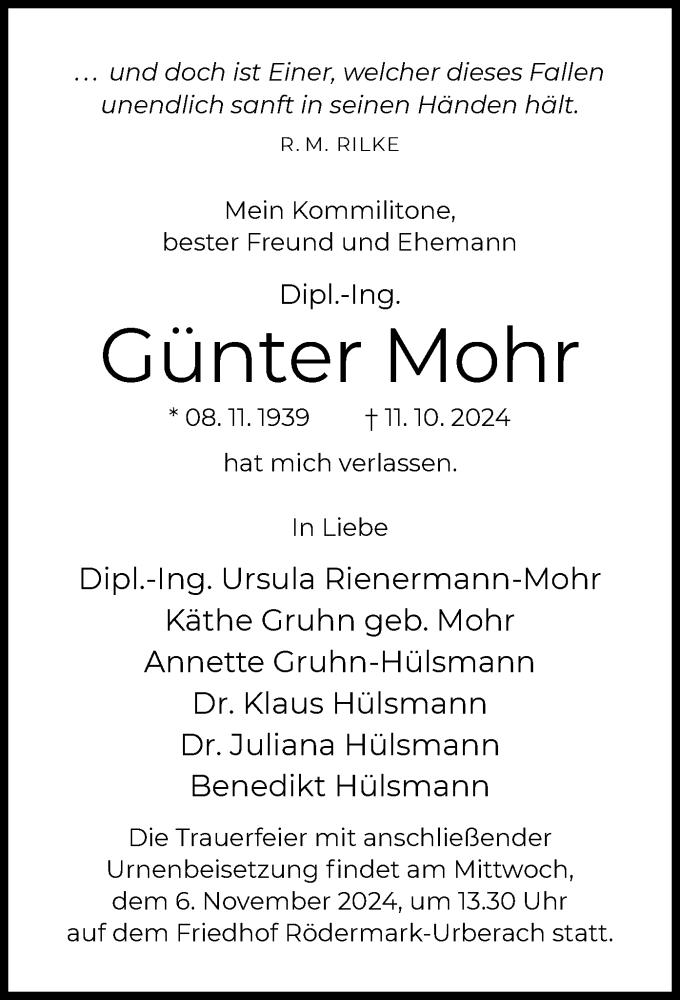  Traueranzeige für Günter Mohr vom 26.10.2024 aus OF