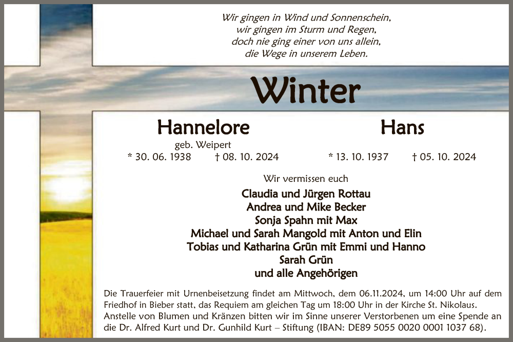  Traueranzeige für Hannelore und Hans Winter vom 19.10.2024 aus OF