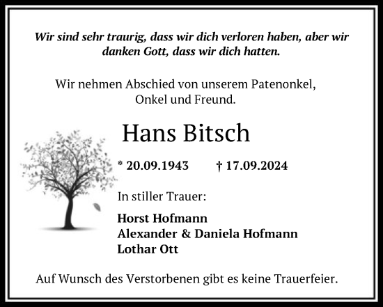 Traueranzeige von Hans Bitsch von OF