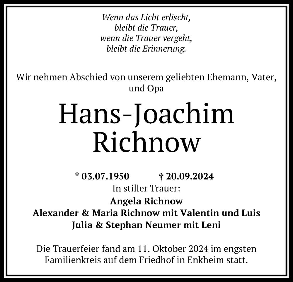  Traueranzeige für Hans-Joachim Richnow vom 26.10.2024 aus OF