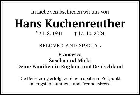 Traueranzeige von Hans Kuchenreuther von OF