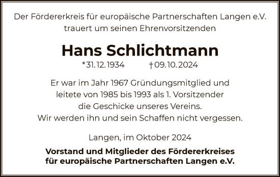 Traueranzeige von Hans Schlichtmann von OF
