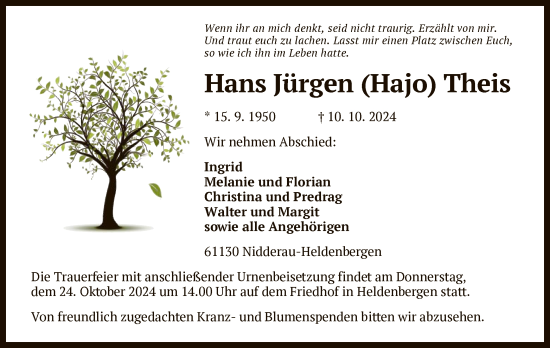 Traueranzeige von Hans Jürgen Theis von OF