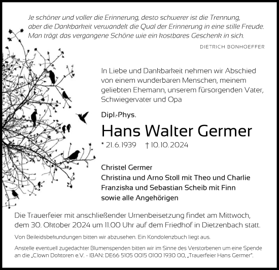 Traueranzeige von Hans Walter Germer von OF