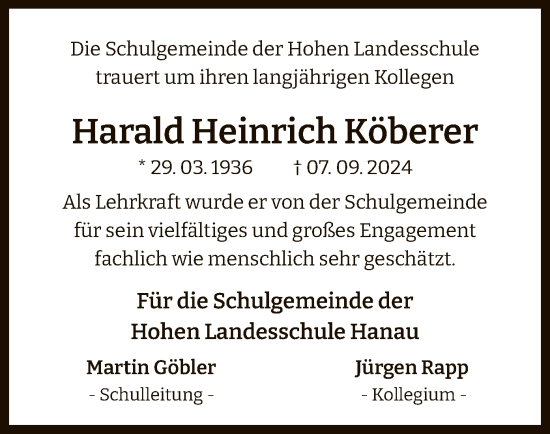 Traueranzeige von Harald Heinrich Köberer von OF