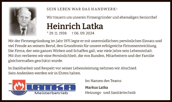 Traueranzeige von Heinrich Latka von OF
