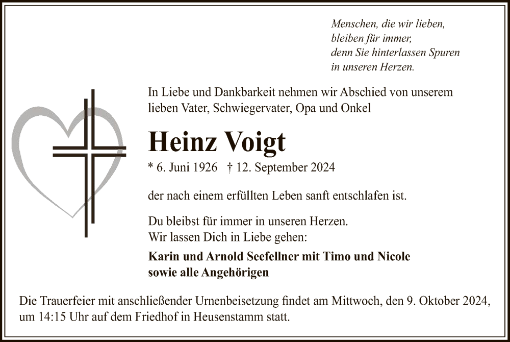  Traueranzeige für Heinz Voigt vom 05.10.2024 aus OF