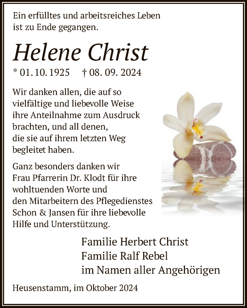  Traueranzeige für Helene Christ vom 05.10.2024 aus OF