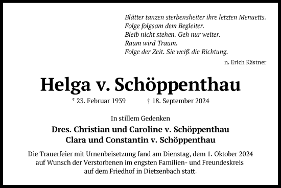 Traueranzeige von Helga v. Schöppenthau von OF