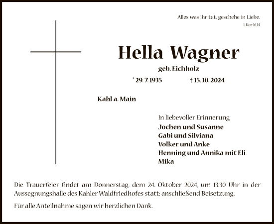 Traueranzeige von Hella Wagner von OF