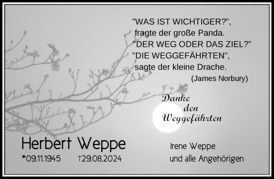 Traueranzeige von Herbert Weppe von OF