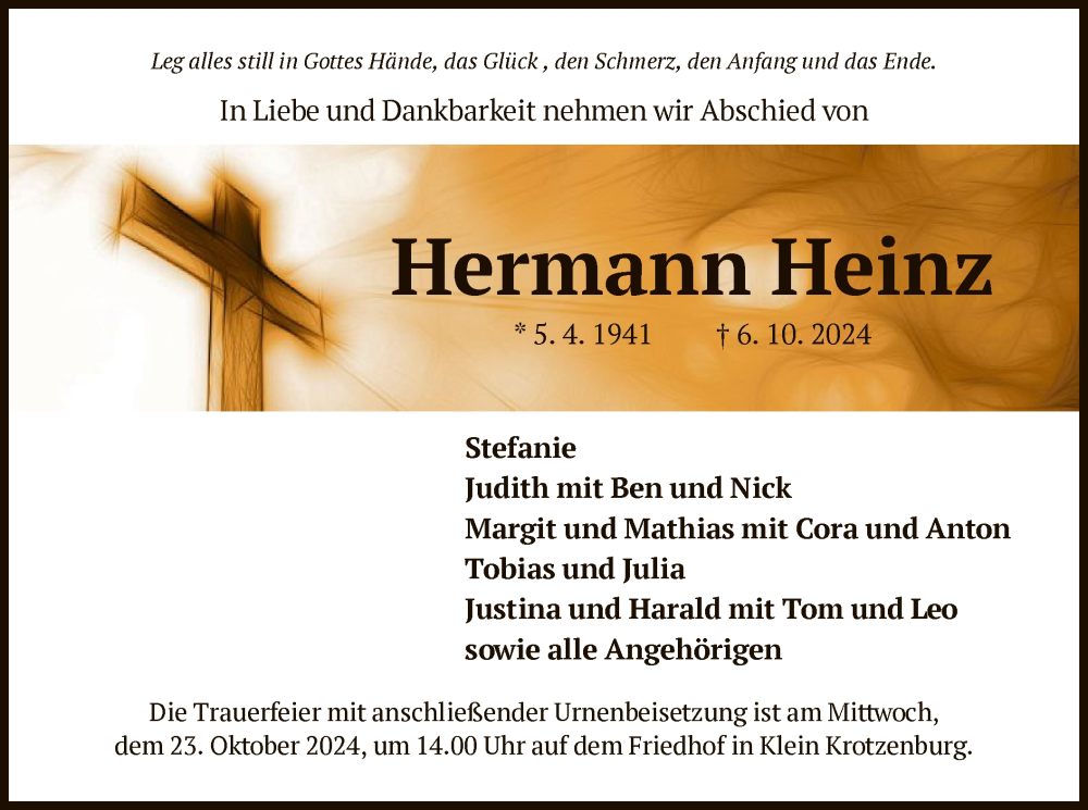  Traueranzeige für Hermann Heinz vom 19.10.2024 aus OF