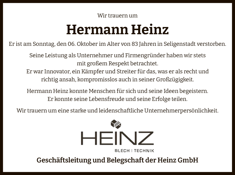  Traueranzeige für Hermann Heinz vom 19.10.2024 aus OF