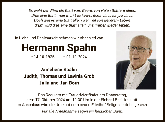 Traueranzeige von Hermann Spahn von OF