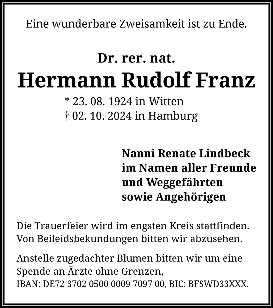  Traueranzeige für Hermann Rudolf Franz vom 12.10.2024 aus OF