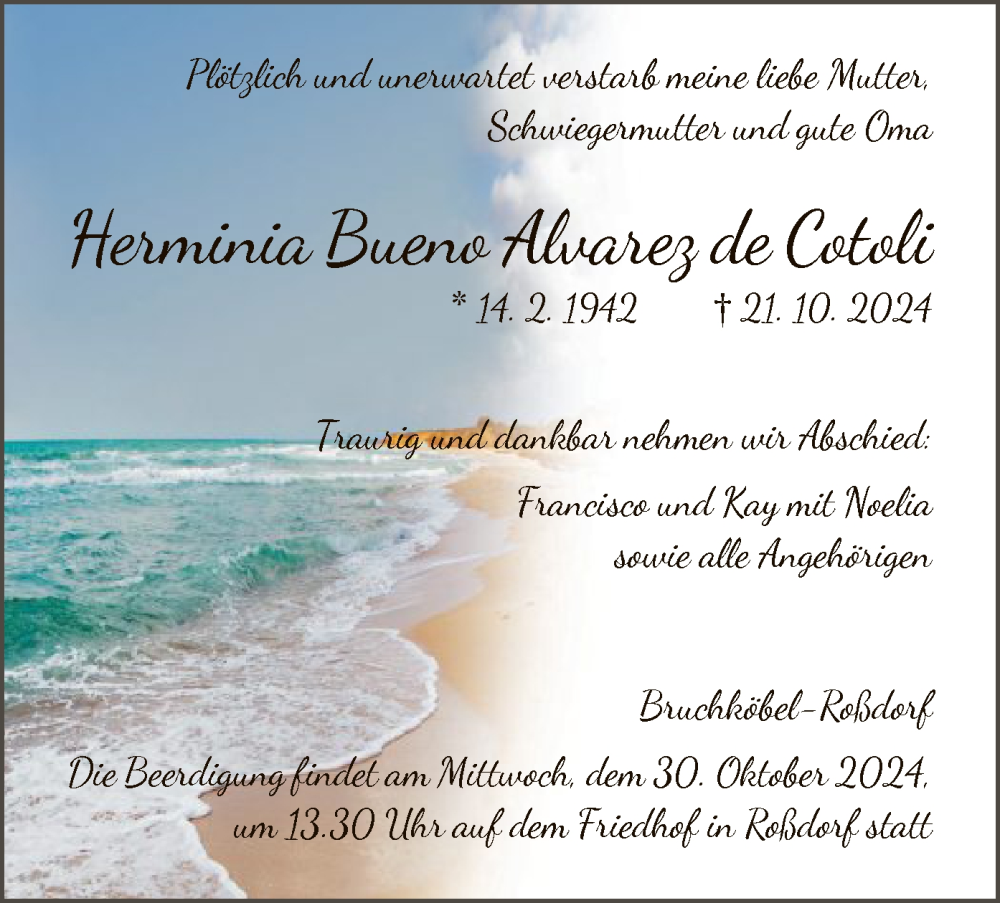  Traueranzeige für Herminia Bueno Alvarez de Cotoli vom 26.10.2024 aus OF