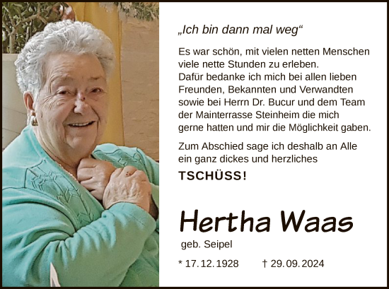 Traueranzeige von Hertha Waas von OF