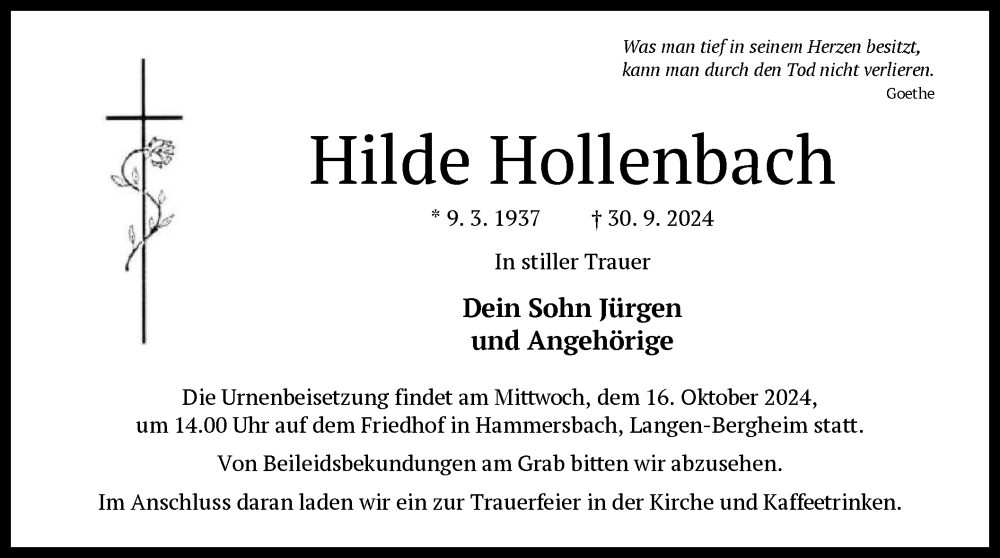  Traueranzeige für Hilde Hollenbach vom 05.10.2024 aus OF