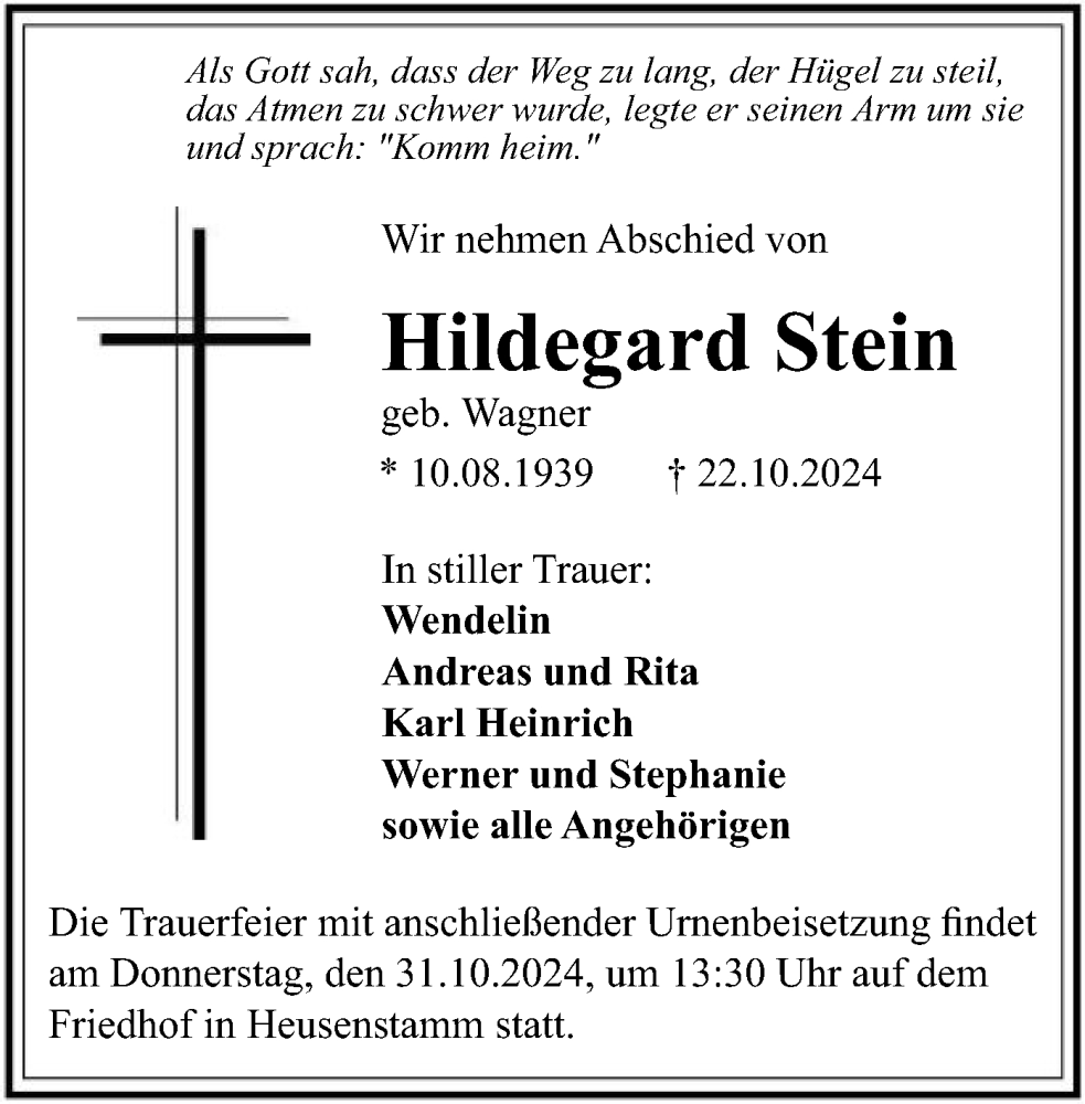  Traueranzeige für Hildegard Stein vom 26.10.2024 aus OF