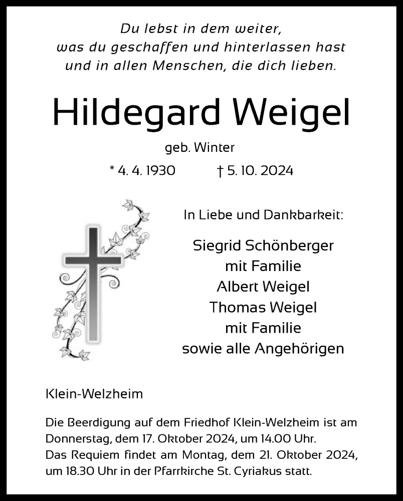  Traueranzeige für Hildegard Weigel vom 12.10.2024 aus OF