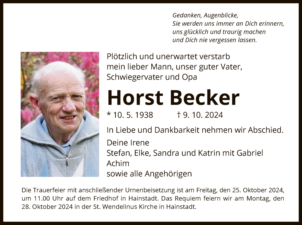  Traueranzeige für Horst Becker vom 19.10.2024 aus OF