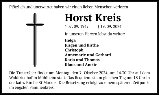 Traueranzeige von Horst Kreis von OF
