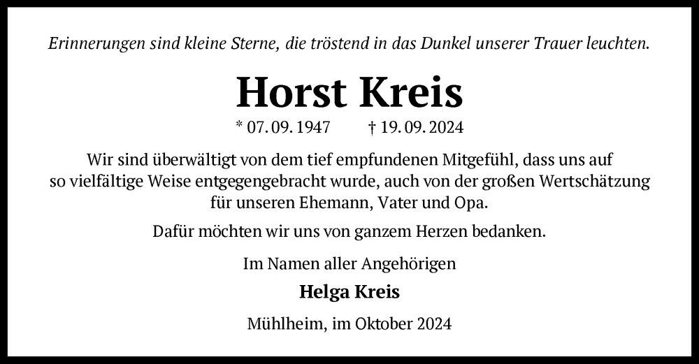  Traueranzeige für Horst Kreis vom 26.10.2024 aus OF