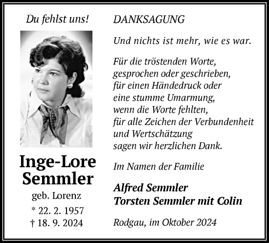 Traueranzeige von Inge-Lore Semmler von OF