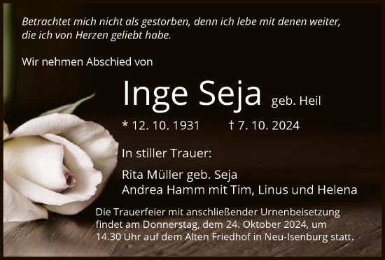 Traueranzeige von Inge Seja von OF