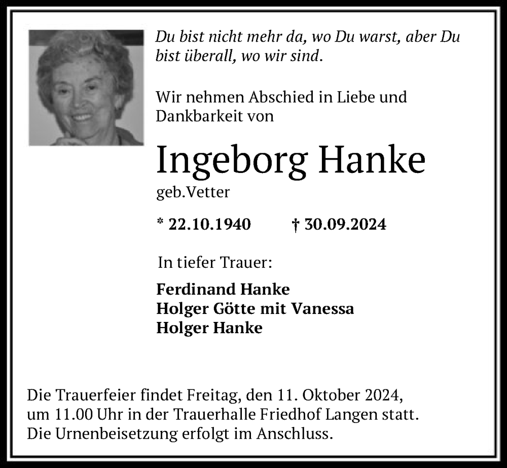  Traueranzeige für Ingeborg Hanke vom 08.10.2024 aus OF
