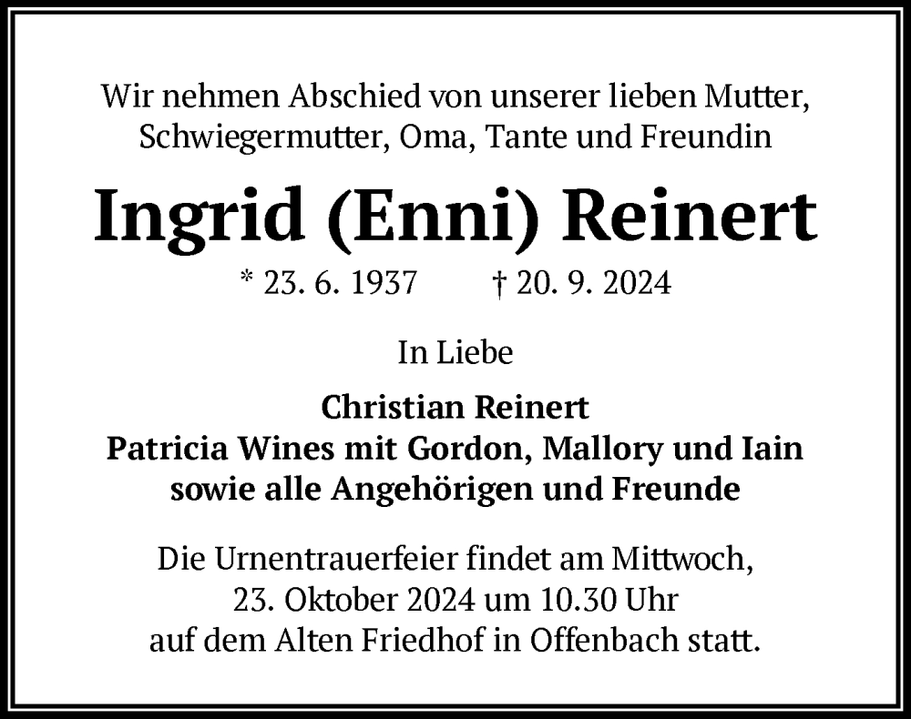  Traueranzeige für Ingrid Reinert vom 19.10.2024 aus OF