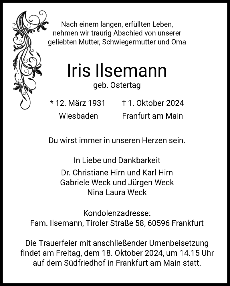  Traueranzeige für Iris Ilsemann vom 12.10.2024 aus OF