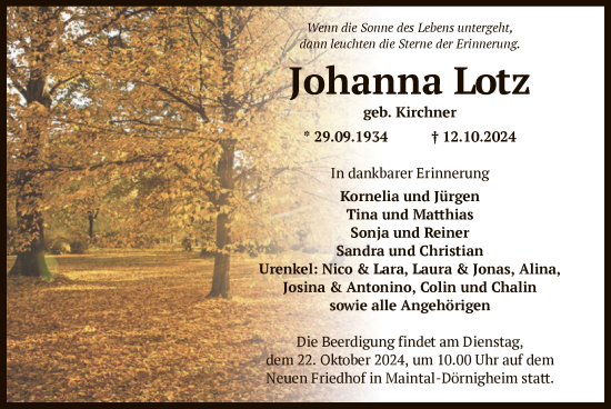 Traueranzeige von Johanna Lotz von OFOF