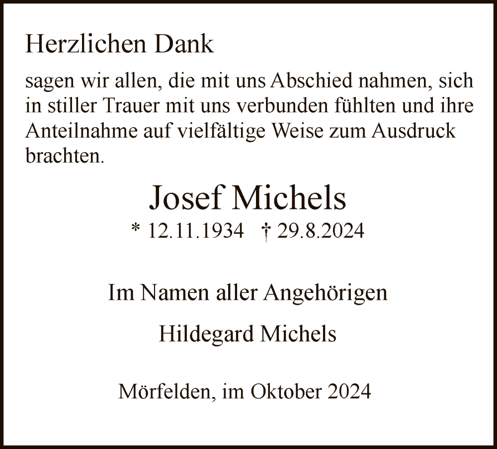  Traueranzeige für Josef Michels vom 11.10.2024 aus OF