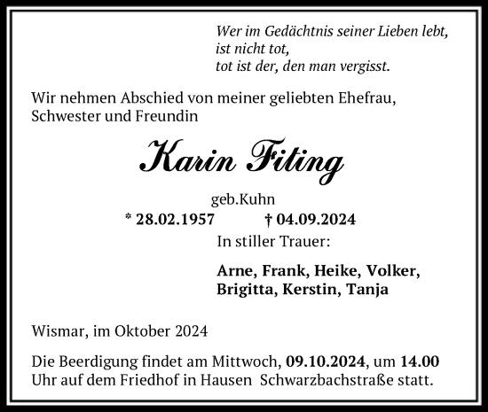 Traueranzeige von Karin Fiting von OF