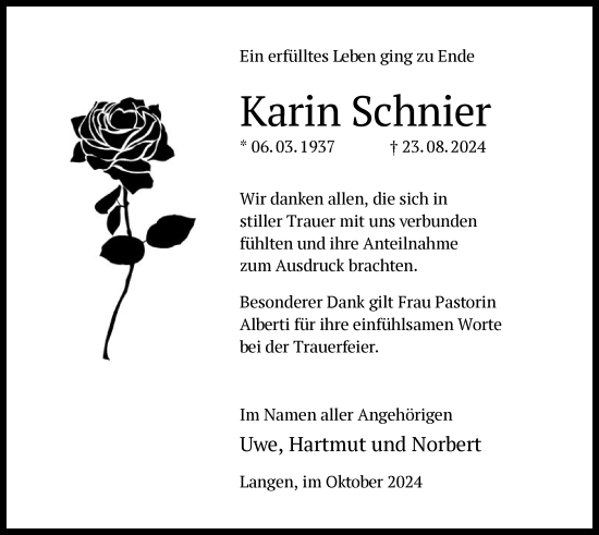 Traueranzeige von Karin Schnier von OF