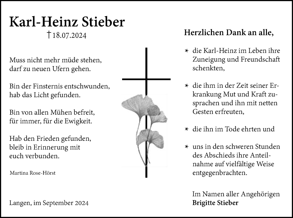  Traueranzeige für Karl-Heinz Stieber vom 12.10.2024 aus OF