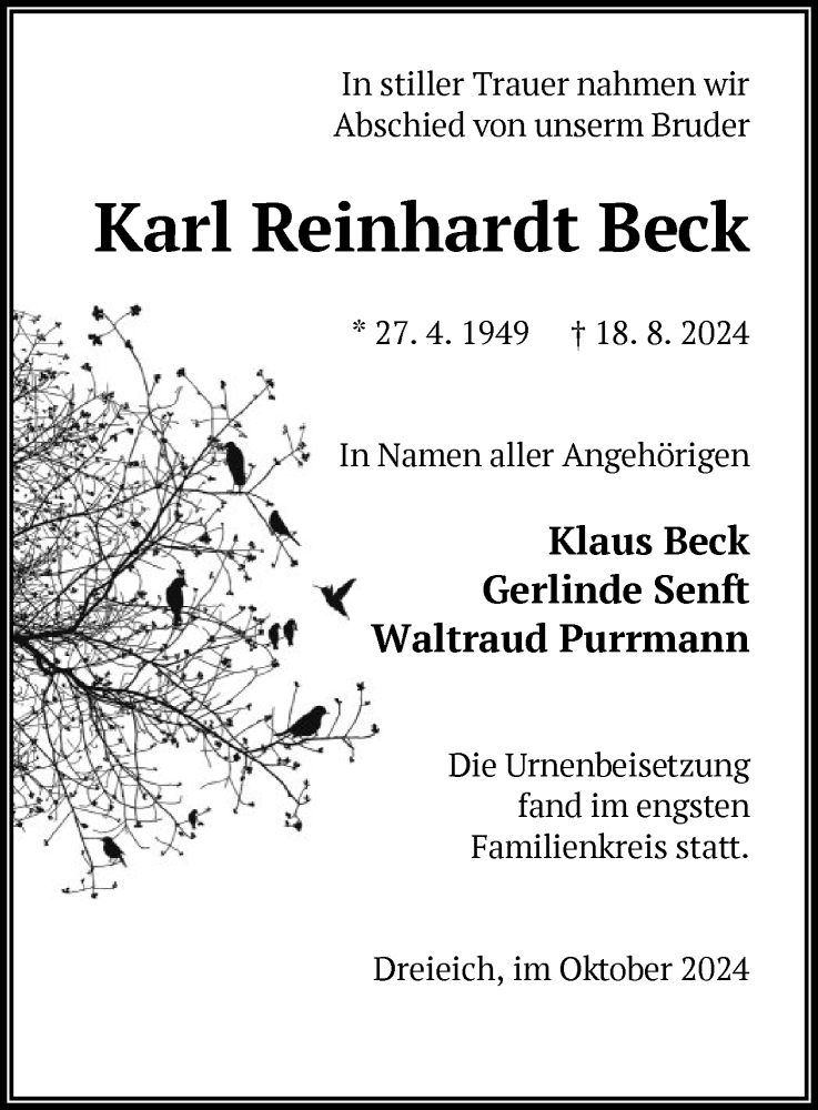  Traueranzeige für Karl Reinhardt Beck vom 05.10.2024 aus OF