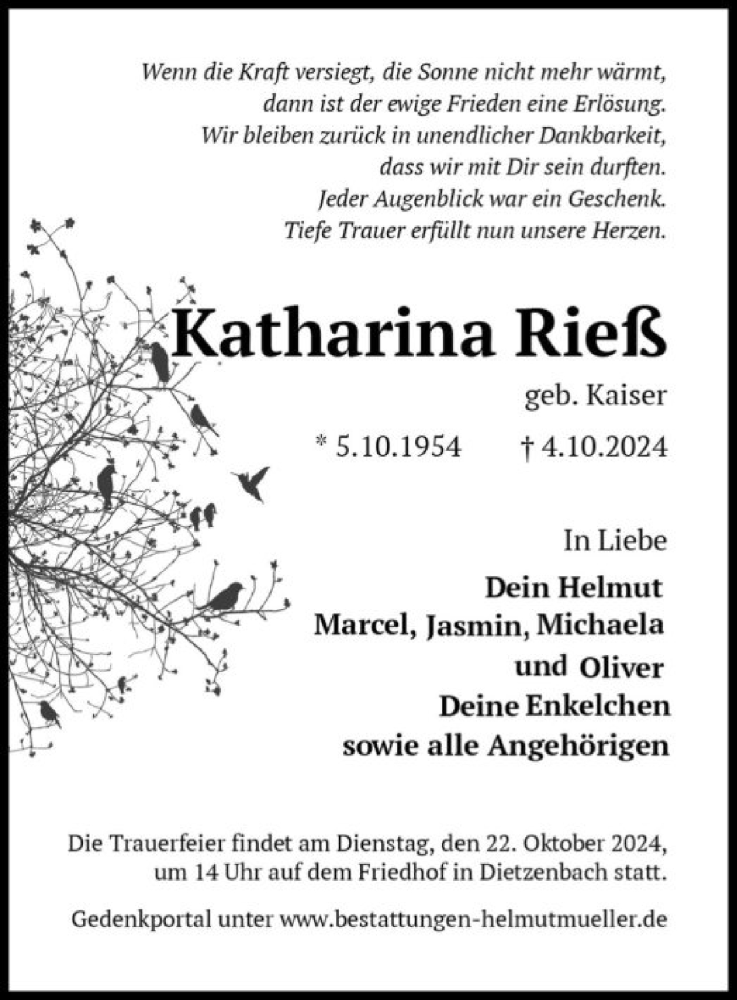  Traueranzeige für Katharina Rieß vom 19.10.2024 aus OF