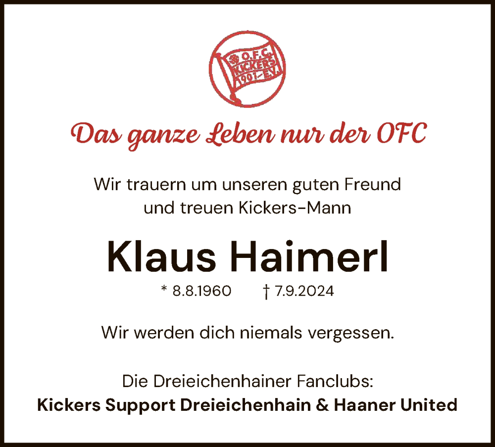  Traueranzeige für Klaus Haimerl vom 19.10.2024 aus OF