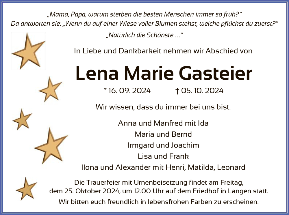  Traueranzeige für Lena Marie Gasteier vom 19.10.2024 aus OF