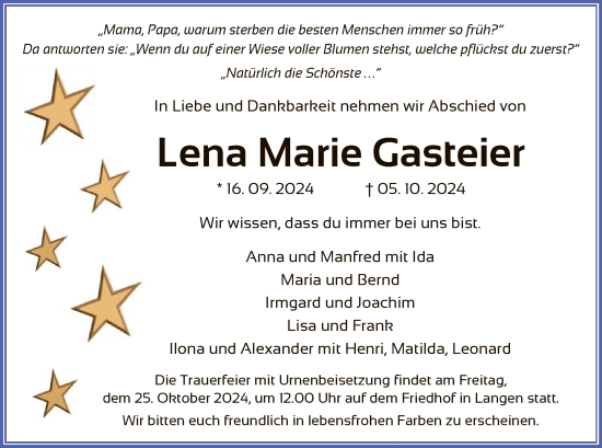 Traueranzeige von Lena Marie Gasteier von OF