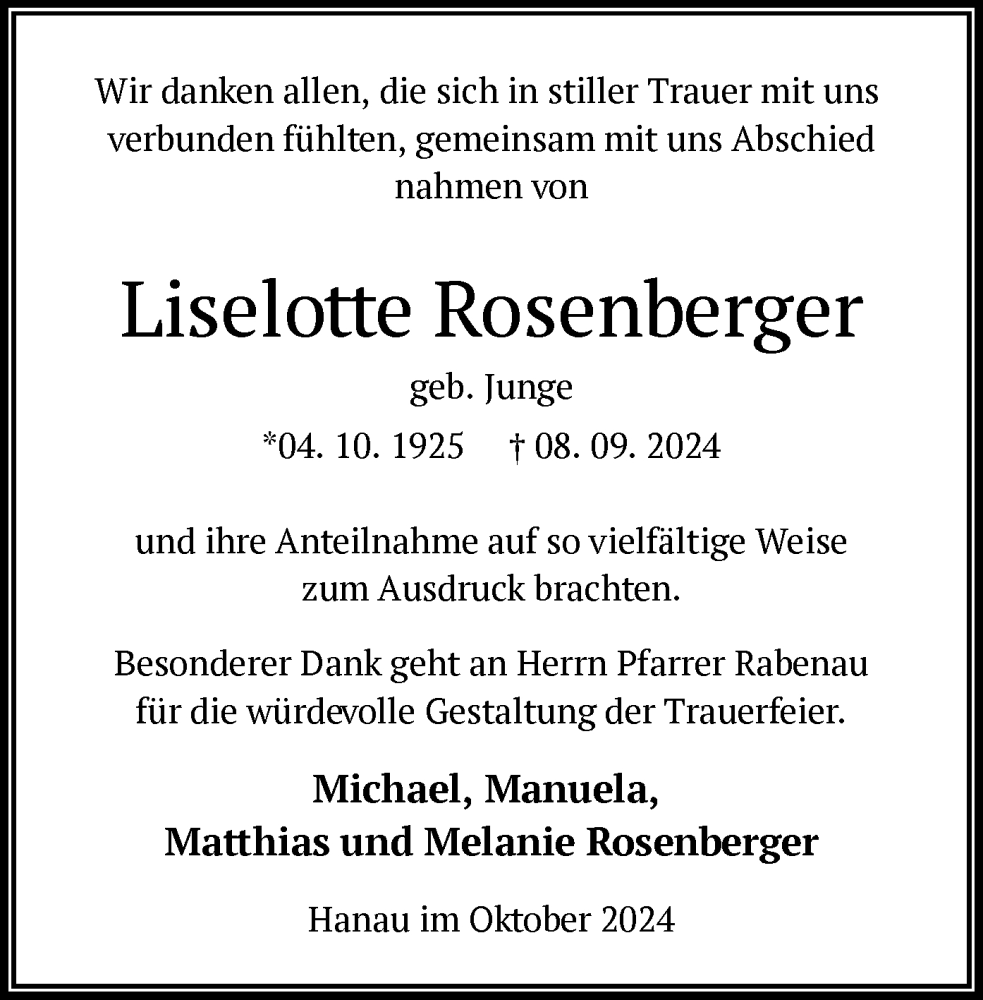  Traueranzeige für Liselotte Rosenberger vom 12.10.2024 aus OF