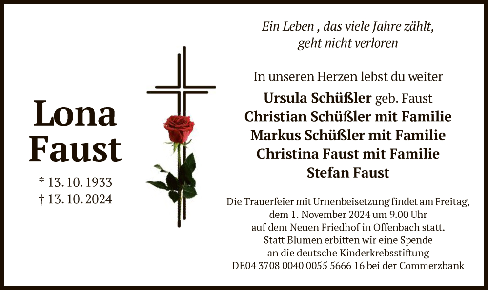  Traueranzeige für Lona Faust vom 26.10.2024 aus OF