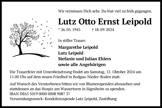 Traueranzeige von Lutz Otto Ernst Leipold von OF