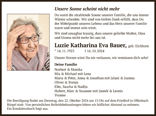 Traueranzeige von Luzie Katharina Eva Bauer von OF